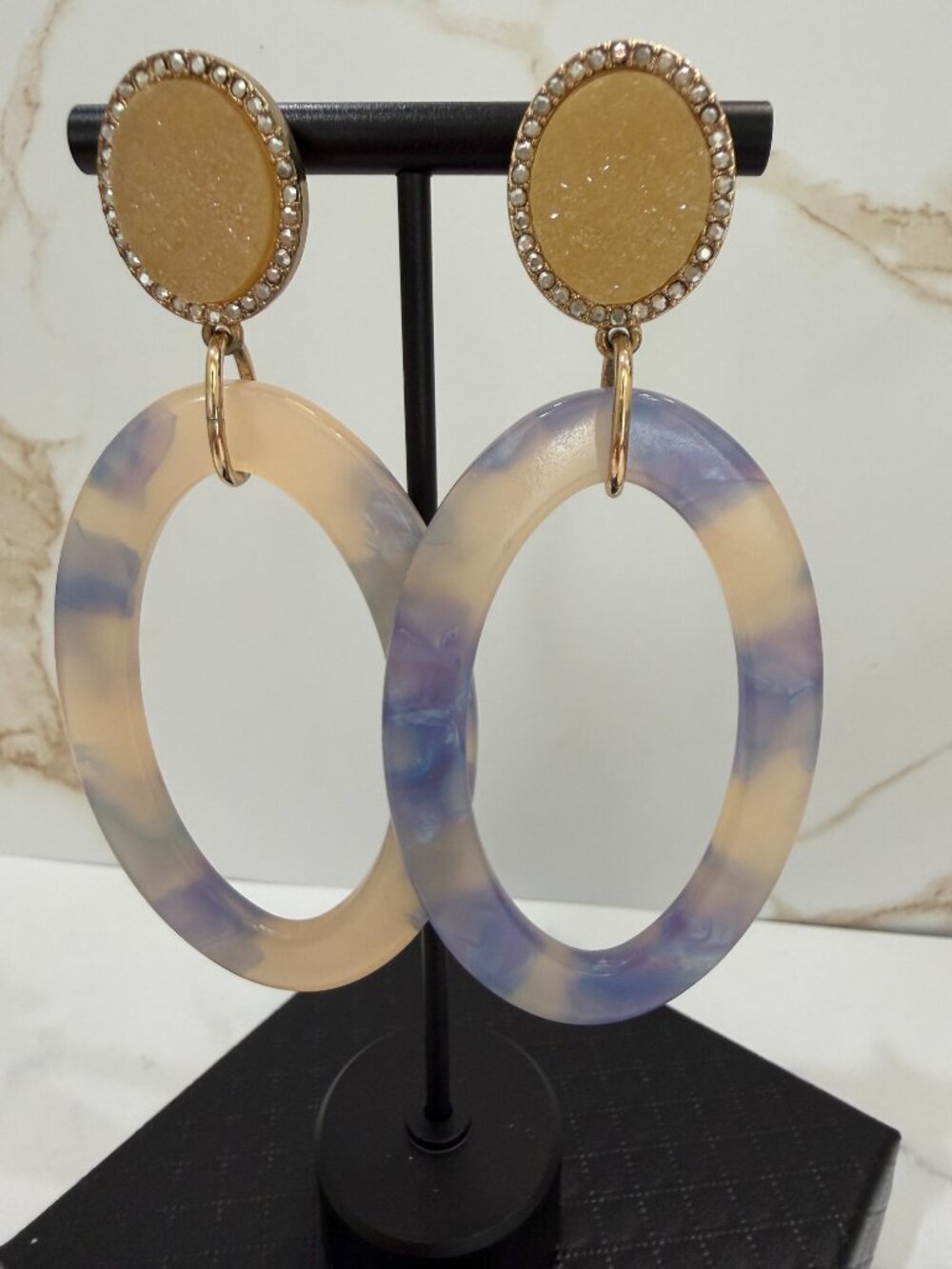 BaubleBar Gold Rhinestone & Blue Cream Tortoise Resin Oval Drop Earrings